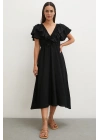 Fırfır Detaylı V Yaka  Gipeli Keten Elbise Siyah