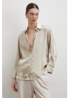 Floş Basic Saten Gömlek Bej