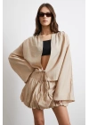 Geniş Kol Önden Bağlamalı Bluz Bej
