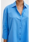 Geniş Manşetli Keten Gömlek Mavi