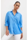 Geniş Manşetli Keten Gömlek Mavi