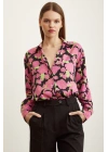 Gül Desenli Saten Gömlek Pembe