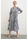 Hakim Yaka Desenli Maxi Elbise Lacivert