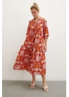 Hakim Yaka Desenli Maxi Elbise Oranj