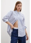 İnce Çizgili Poplin Gömlek Mavi