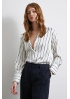 İnce Çizgili Şifon Gömlek Ekru