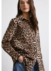 Leopar Desenli Poplin Gömlek Bej