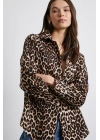 Leopar Desenli Poplin Gömlek Bej