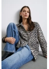 Leopar Desenli Saten Gömlek Bej