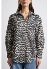 Leopar Desenli Saten Gömlek Bej