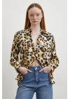 Leopar Desenli V Yaka Gömlek Bej