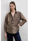 Leopar Desenli V Yaka Gömlek Kahve