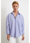 Modal Çizgili Oversize Gömlek Mavi