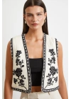 Nakışlı Oversize Yelek Krem