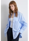 Omuzda Boncuk Detaylı  Oversize Gömlek Mavi