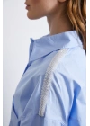 Omuzda Boncuk Detaylı  Oversize Gömlek Mavi