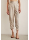 Önü Düğmeli Çizgili Pantolon Çizgili Ekru