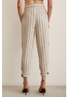 Önü Düğmeli Çizgili Pantolon Çizgili Ekru