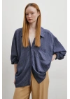 Oversize İnce Çizgili Gömlek Lacivert