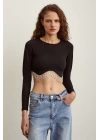Parlak Taşlı Crop Siyah