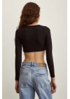 Parlak Taşlı Crop Siyah