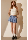 Pileli Jean Mini Etek Mavi