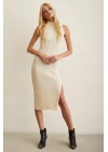 Sıfır Kol Yırtmaçlı Triko Elbise Ekru