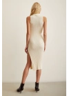 Sıfır Kol Yırtmaçlı Triko Elbise Ekru