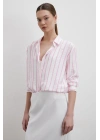 V Yaka Çizgili Modal Gömlek Pembe
