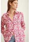 V Yaka Desenli Saten Gömlek Fuşya