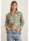 V Yaka Desenli Saten Gömlek Haki