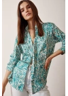V Yaka Desenli Saten Gömlek Yeşil