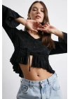 V Yaka Fırfırlı Bluz Siyah