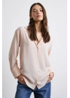 V Yaka Şifon Gömlek Pudra