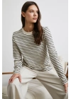 Yakası Ribanalı Çizgili Bluz Ekru