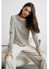 Yakası Ribanalı Çizgili Bluz Ekru