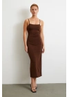 Yanı Büzgülü Askılı Elbise Yırtmaçlı Kahve