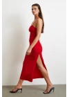Yanı Büzgülü Askılı Elbise Yırtmaçlı Kırmızı