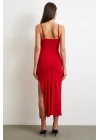 Yanı Büzgülü Askılı Elbise Yırtmaçlı Kırmızı