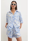 Yaprak Desenli Şortlu Takım Mavi