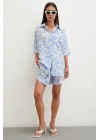 Yaprak Desenli Şortlu Takım Mavi