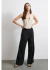 Yüksek Bel Beli Lastikli Geniş Paça Pantolon Siyah