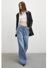 Yüksek Bel Beş Cepli Geniş Paça Jean Mavi