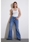 Yüksek Bel Geniş İspanyol Paça Jean Mavi