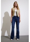 Yüksek Bel İspanyol Paça Jean Koyu Lacivert