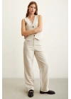 Yüksek Bel Keten Pantolon Bej