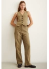 Yüksek Bel Keten Pantolon Haki