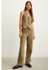 Yüksek Bel Keten Pantolon Haki