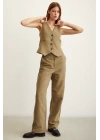 Yüksek Bel Keten Pantolon Haki