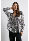 Zebra Desen V Yaka Saten Gömlek Siyah